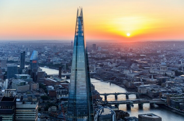 Bird's eye view of London's tallest skyscraper at sunset.