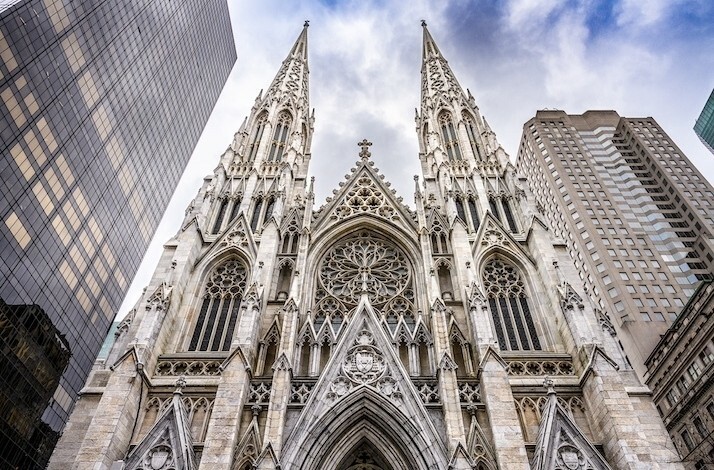 The facade of gothic St. Patrick's Cathedral in New York